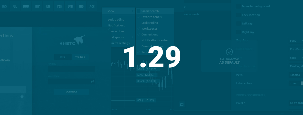 Added trading on HitBTC, default settings for drawings & indicators and more customizations