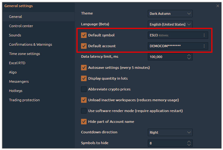 Enable Default symbol and account in Quantower