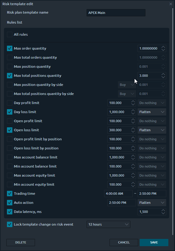 Quantower Risk Management panle for prop accounts