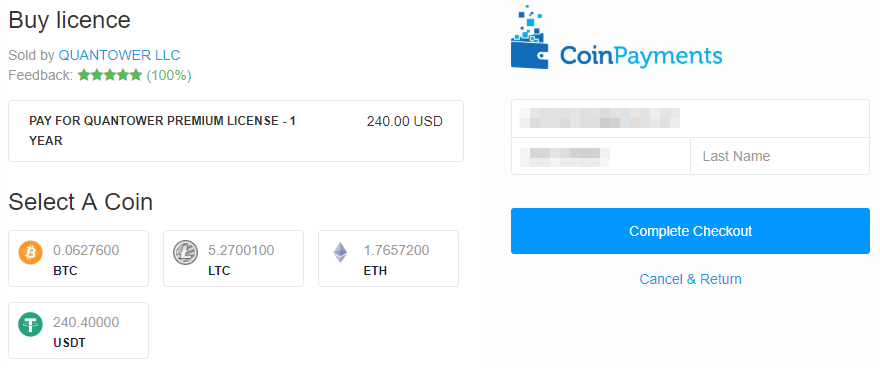 Purchase a Quantower License through CoinPayments