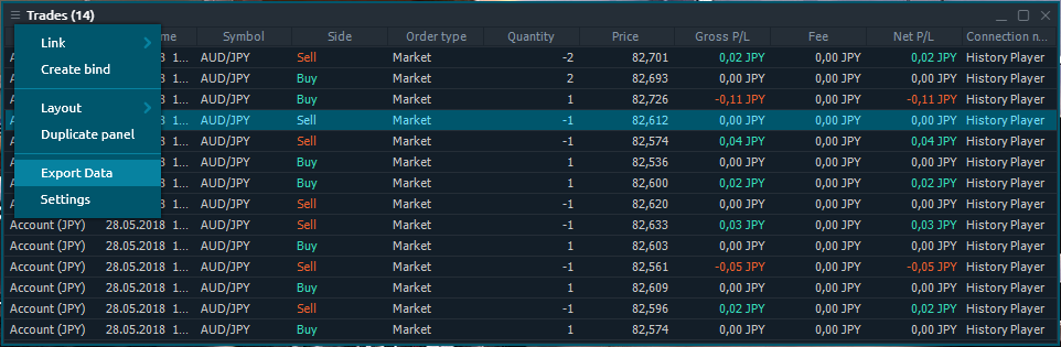 Export of closing trades to an external file from Trades panel