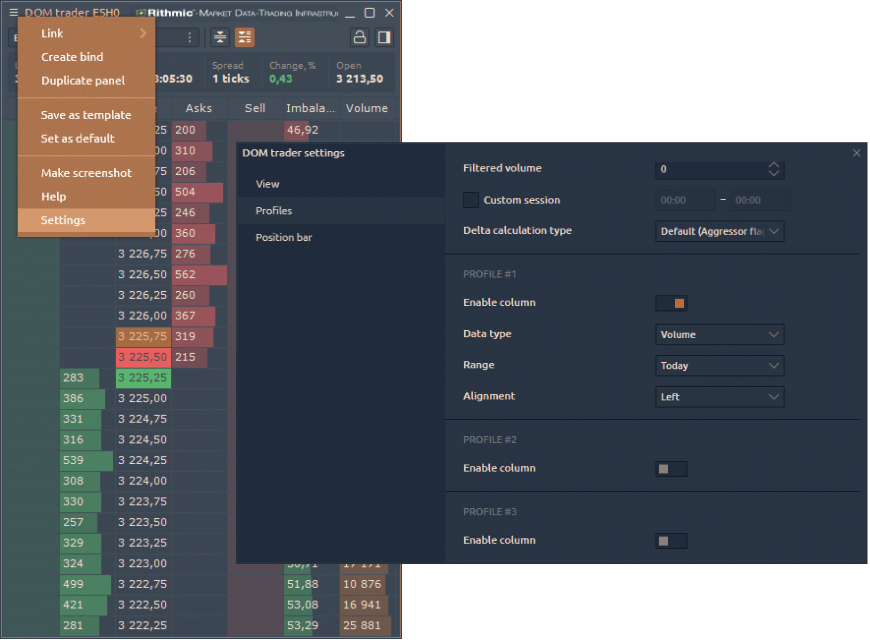 Enable volume profiles in DOM Trader panel