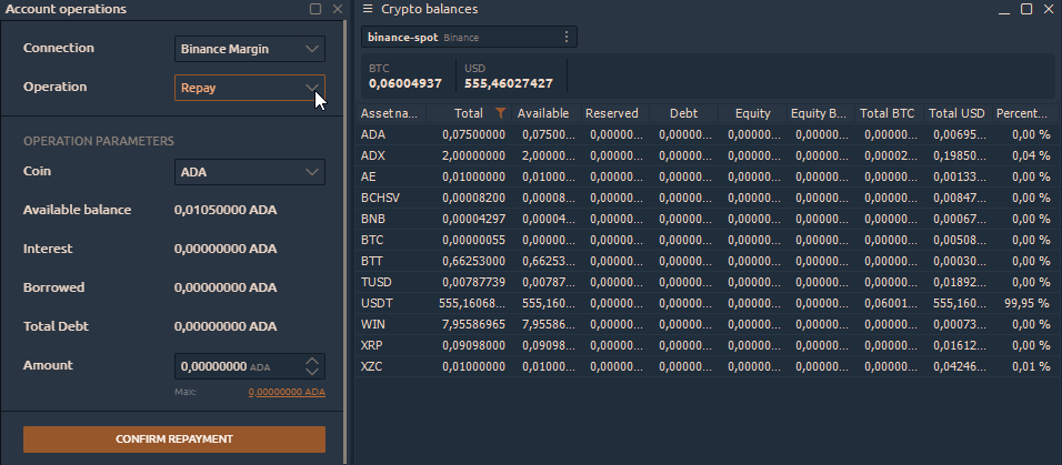 Account operations for transfering money among Binance accounts